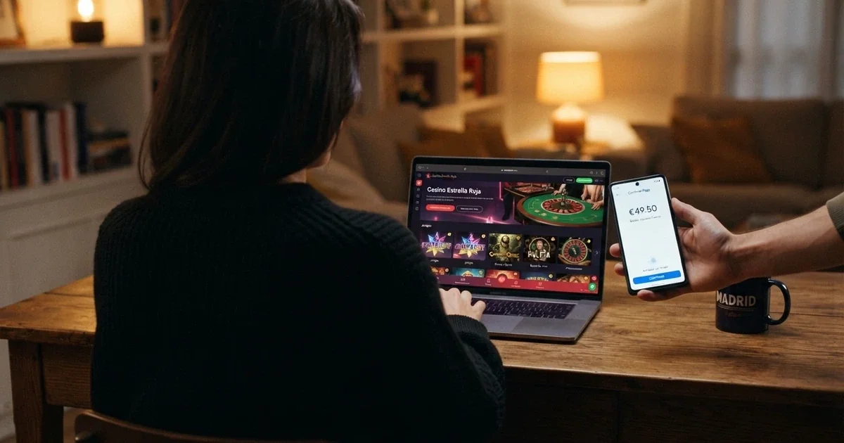 Pantalla de un móvil Android mostrando la app de CaixaBank Pay abierta junto a la web de un casino online con licencia DGOJ, con el logo de Visa visible en ambas interfaces