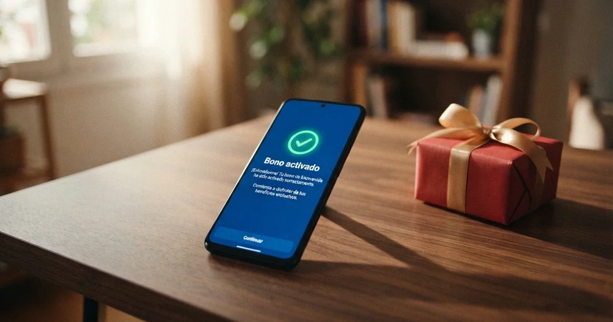 Un teléfono móvil mostrando la pantalla de registro de un casino online español con un mensaje de «bono de bienvenida sin depósito activado» junto al icono de un regalo