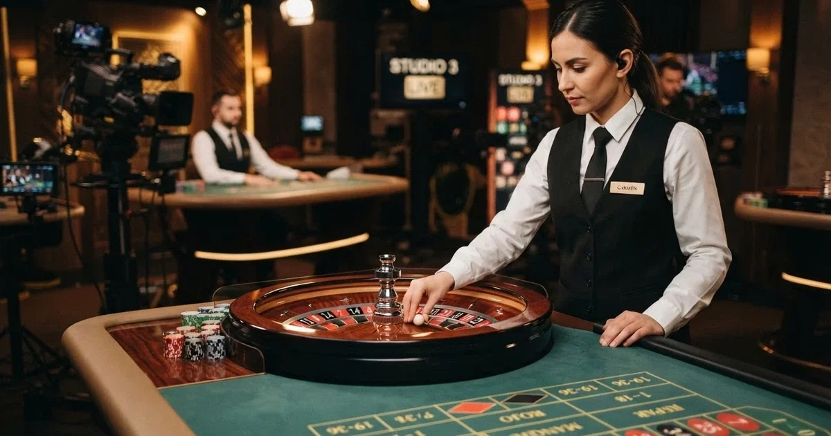 Crupier real de pie junto a una mesa de ruleta en vivo en un estudio de casino con iluminación profesional