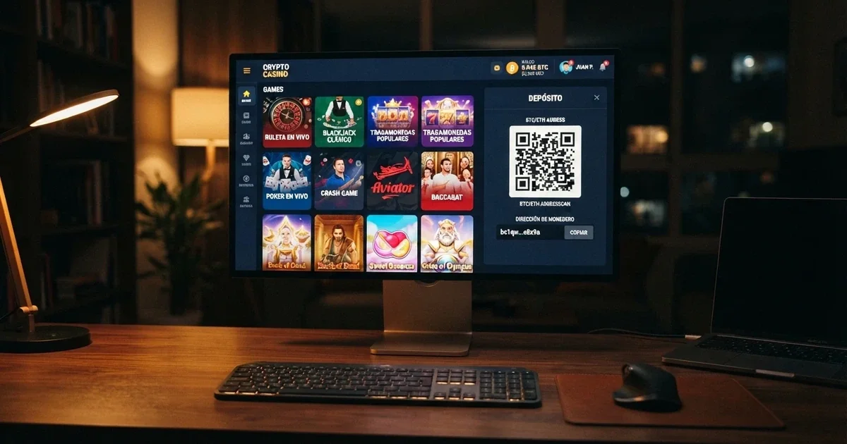 Interfaz de un casino de criptomonedas en pantalla de ordenador con saldo en Bitcoin, catálogo de juegos a la izquierda y una ventana de depósito con un código QR de wallet