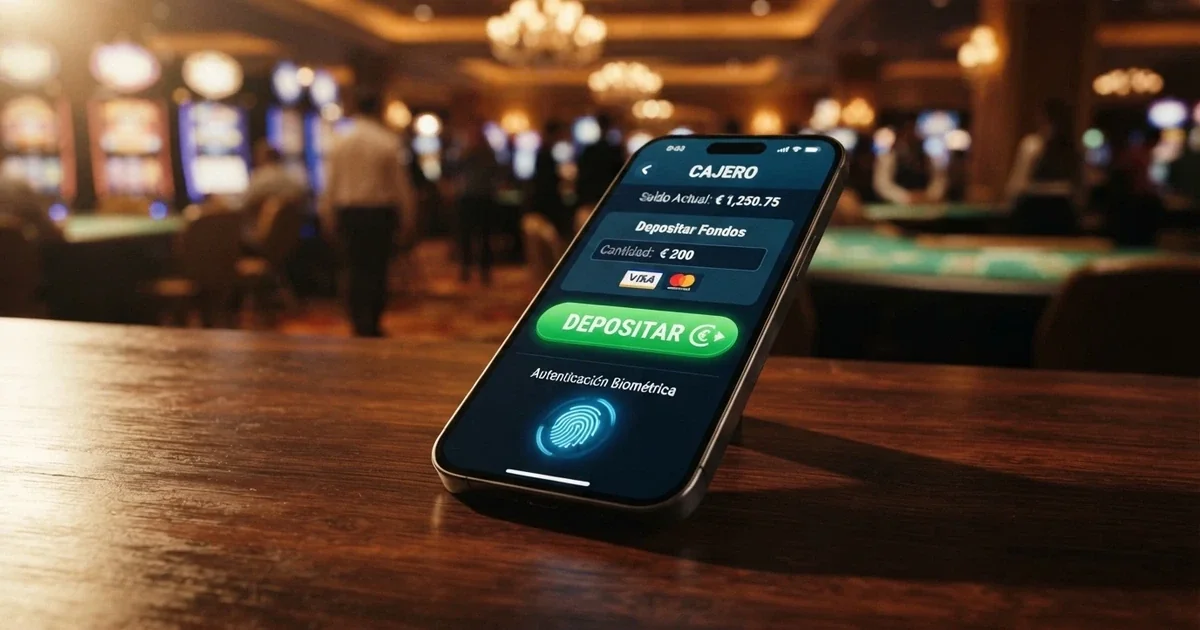 Pantalla de un iPhone mostrando Apple Pay como método de pago en el cajero de un casino online español, con el logo de Apple Pay en primer plano y la interfaz del casino de fondo