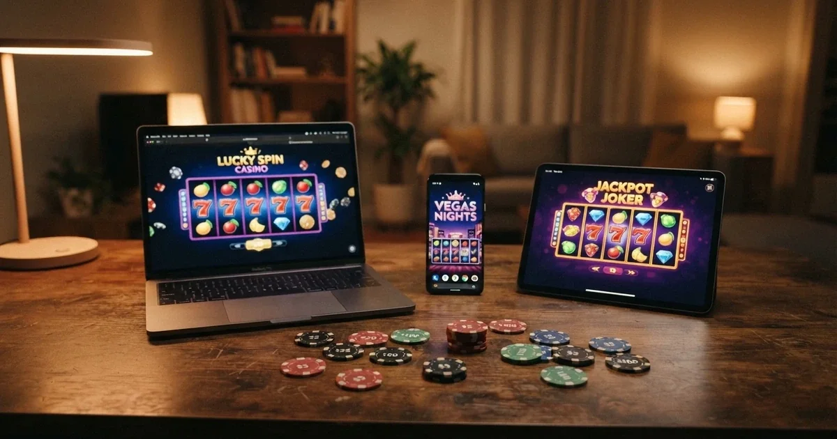 Comparativa de casinos online con Binance Coin en pantalla, móvil y ordenador con fichas de casino y el logo de BNB
