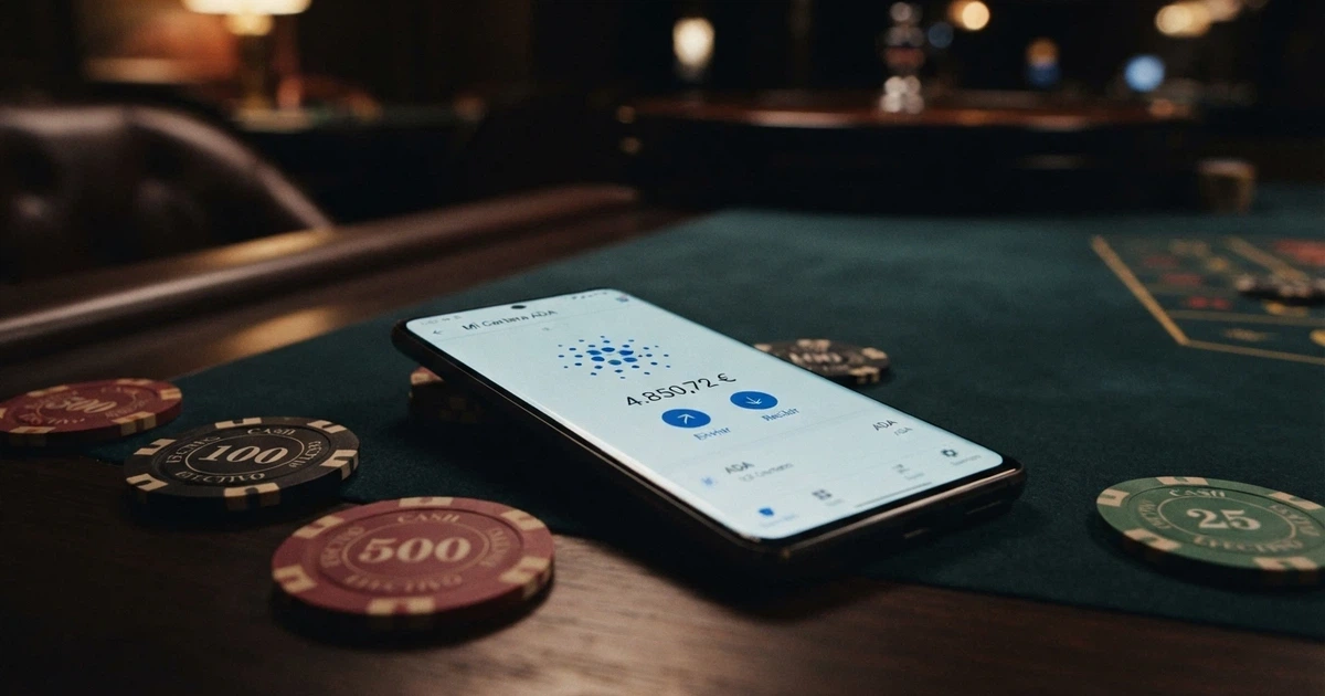 Cartera digital con fichas de casino y el logotipo de Cardano sobre un fondo de mesa de juego