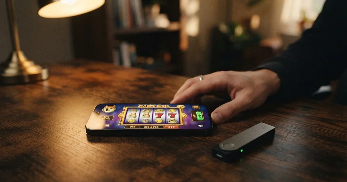 Un monedero digital con el logo de Dogecoin junto a una pantalla de ordenador que muestra un casino online con fichas y el símbolo de DOGE