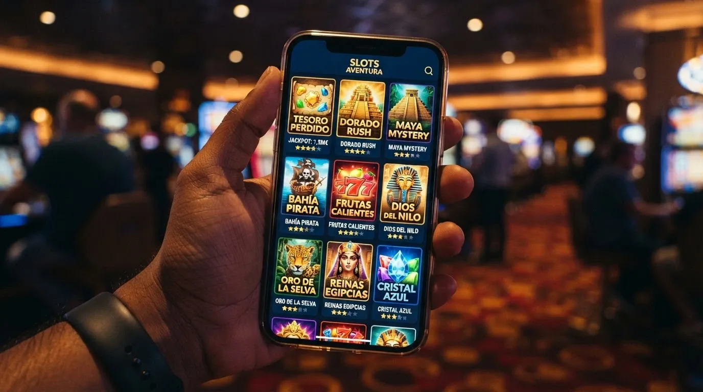 Una cuadrícula de carátulas de tragaperras populares (Book of Dead, Starburst, Sweet Bonanza) simulando la vista de catálogo de una app de casino