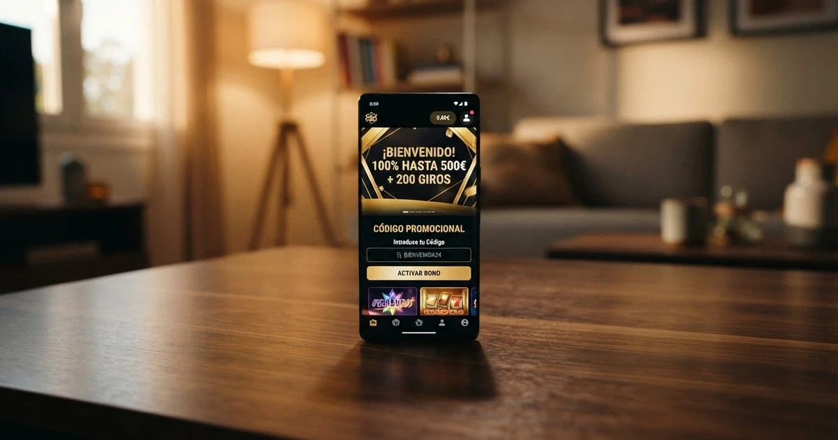 Pantalla de un casino online español con un campo para introducir un código promocional junto a una oferta de bono de bienvenida
