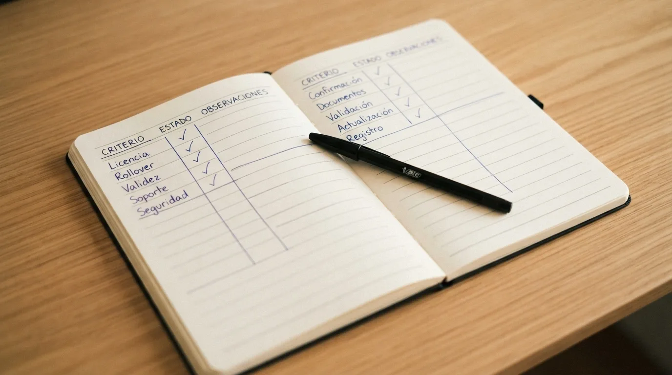Una libreta de evaluación con columnas de criterios (licencia, rollover, ganancia máxima, validez) y marcas de verificación junto a cada operador.