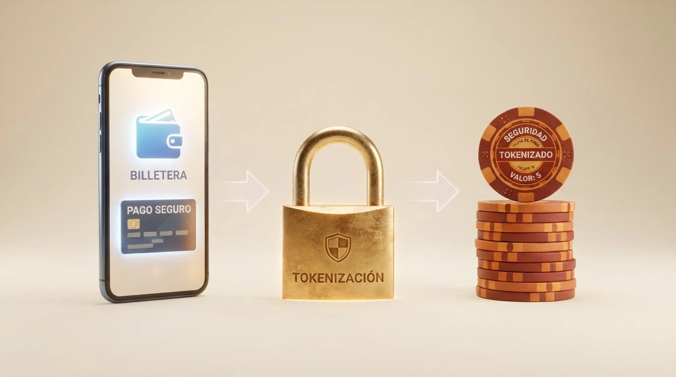 Infografía que muestra el flujo de un pago con Apple Pay en un casino online: iPhone con Wallet abierta, tokenización del pago, confirmación con Face ID y recepción del saldo en la cuenta de casino
