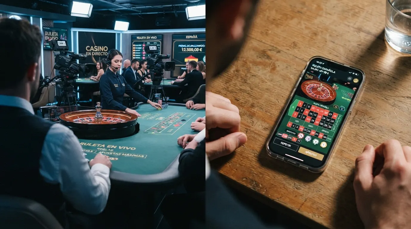 Pantalla dividida que muestra un estudio de casino en vivo con varias cámaras apuntando a una mesa de ruleta y la interfaz de apuestas en un móvil