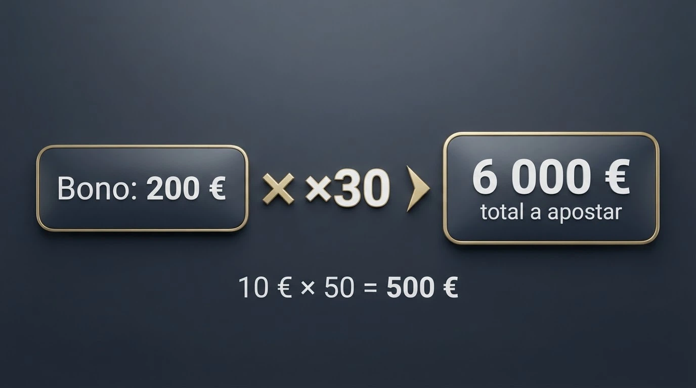Infografía simplificada que muestra la fórmula del rollover: importe del bono × multiplicador = total a apostar, con un ejemplo numérico claro.