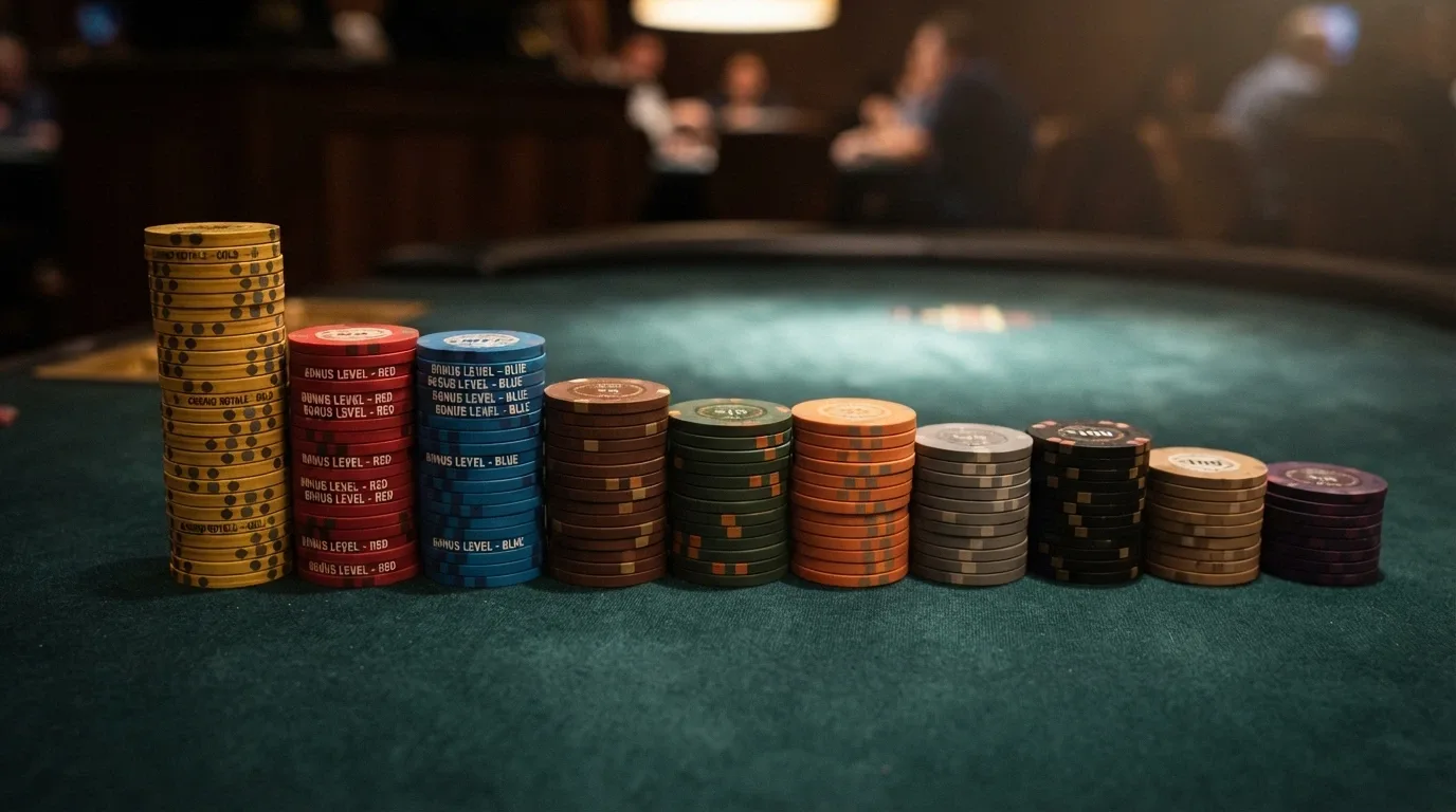 Una tabla comparativa con fichas de casino apiladas en diferentes alturas representando los distintos porcentajes de bonificación