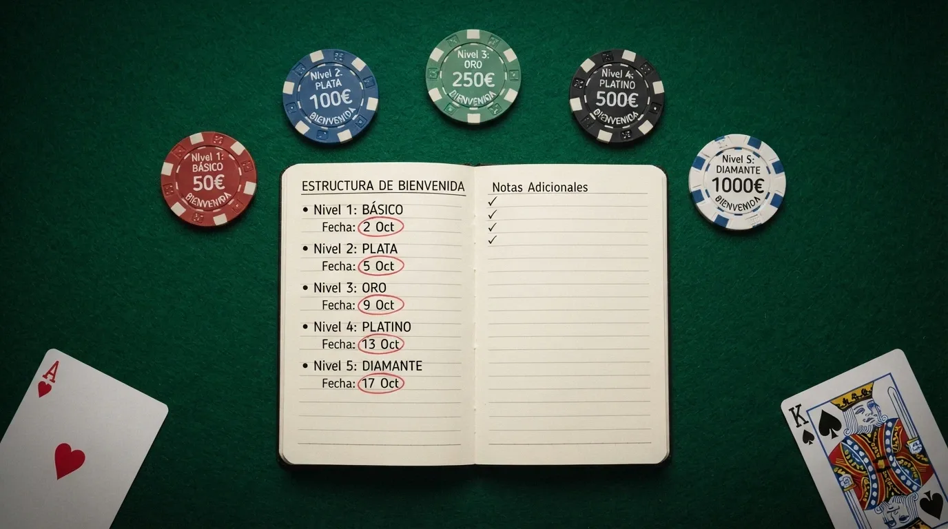 Tabla comparativa con fichas de casino, tarjetas y un calendario sobre una mesa, representando la comparación de ofertas de bienvenida