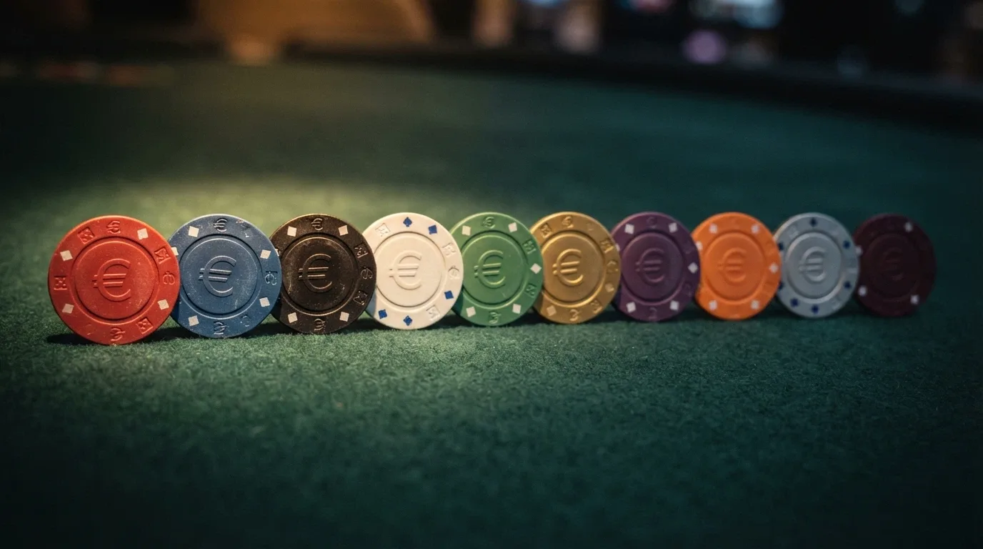 Diez fichas de casino alineadas con el símbolo del euro en distintas posiciones, unas brillantes y otras apagadas