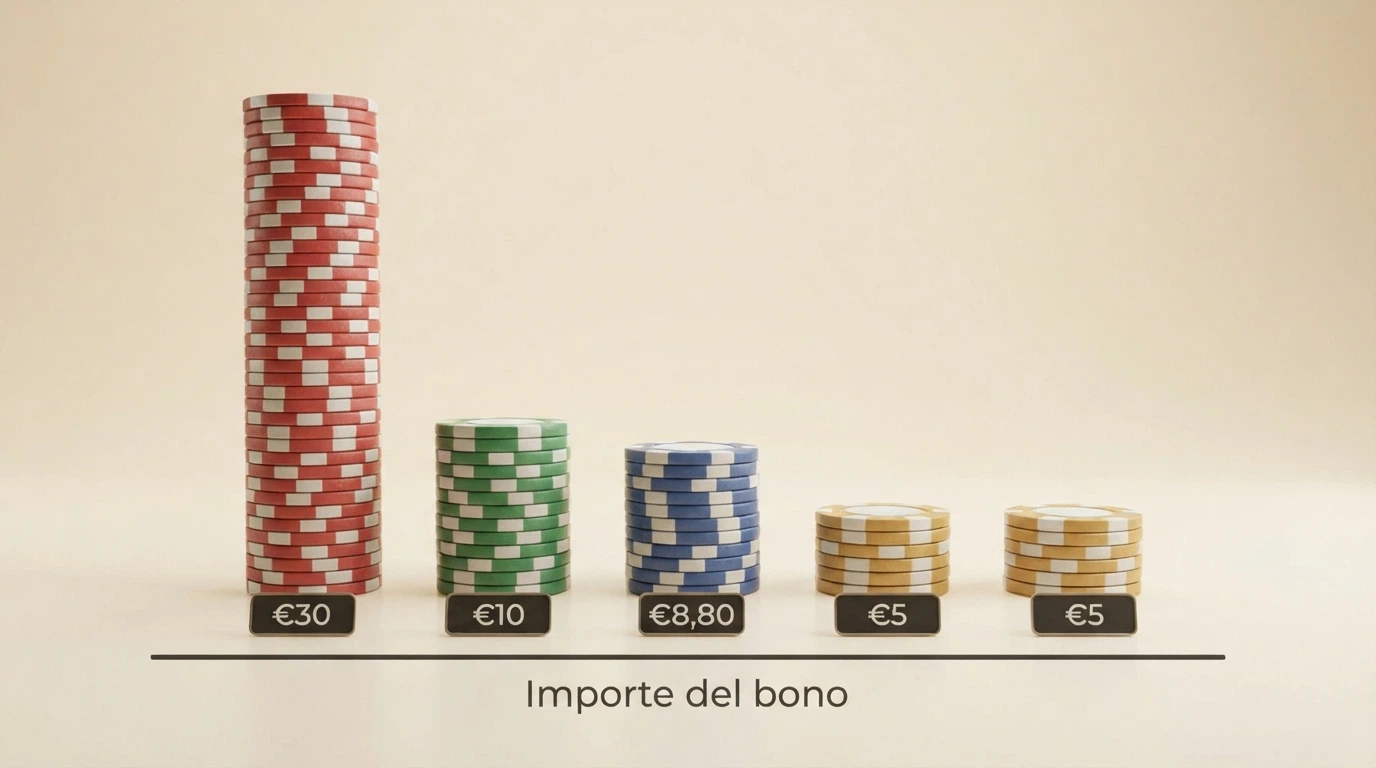 Una tabla comparativa visual con fichas de casino apiladas en columnas de diferentes alturas, cada columna etiquetada con un importe de bono