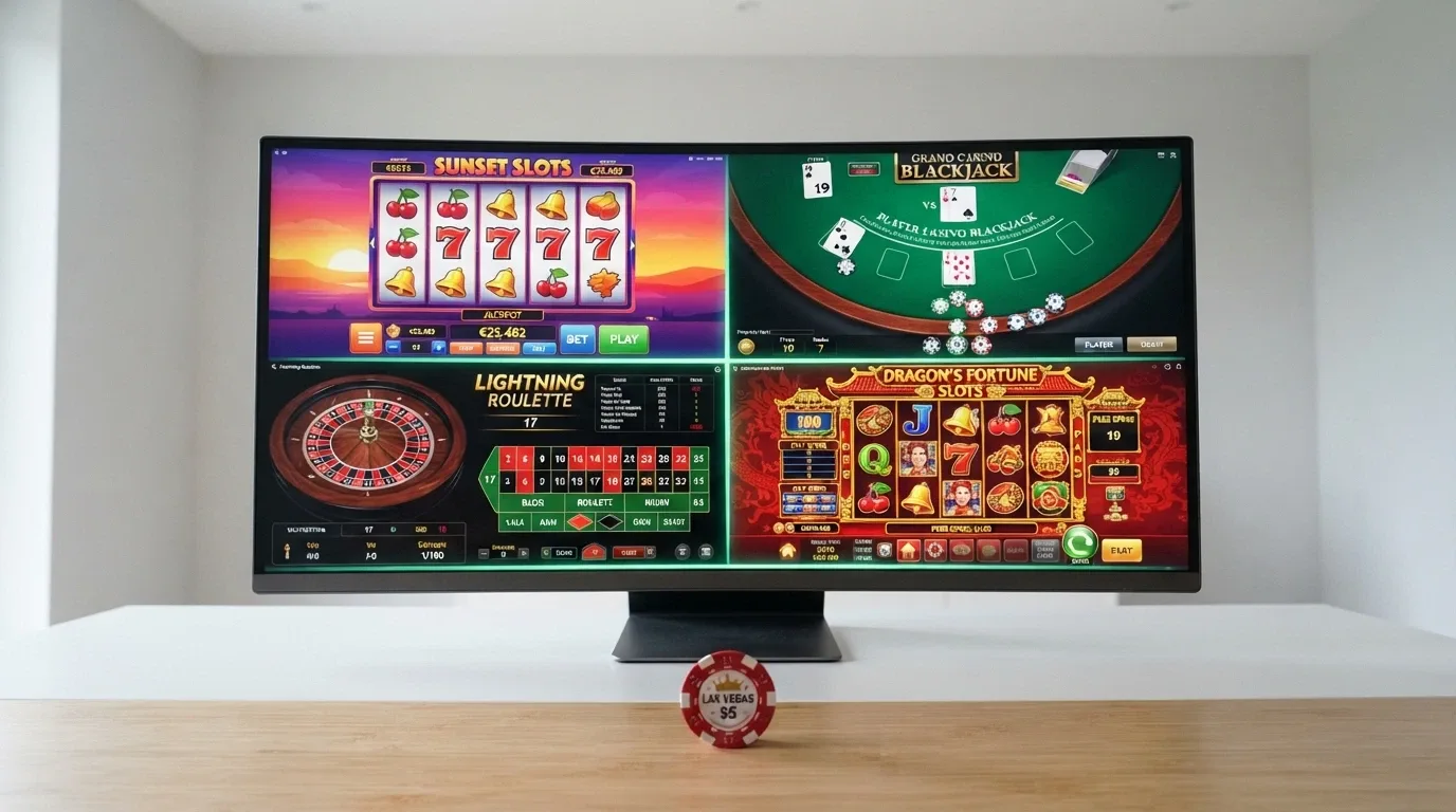 Pantalla dividida con las interfaces de varios casinos online que muestran el logo de Bitcoin Cash como método de pago