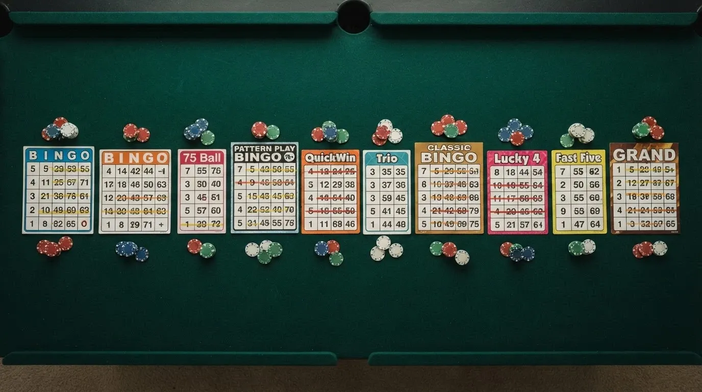 vista cenital de una mesa con diez cartones de bingo alineados, cada uno con el color y la identidad visual de un operador distinto