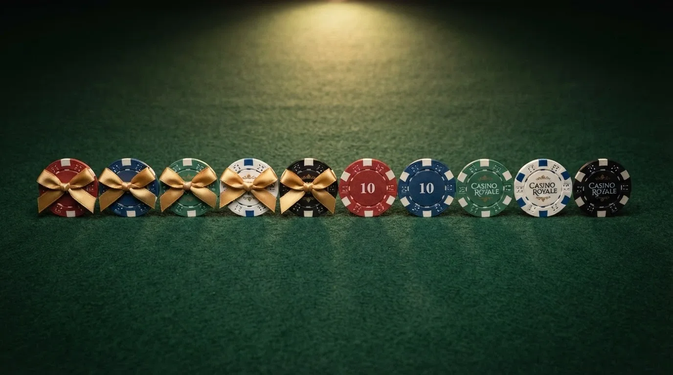 Diez fichas de casino alineadas, cinco de ellas con un lazo de regalo y cinco sin él