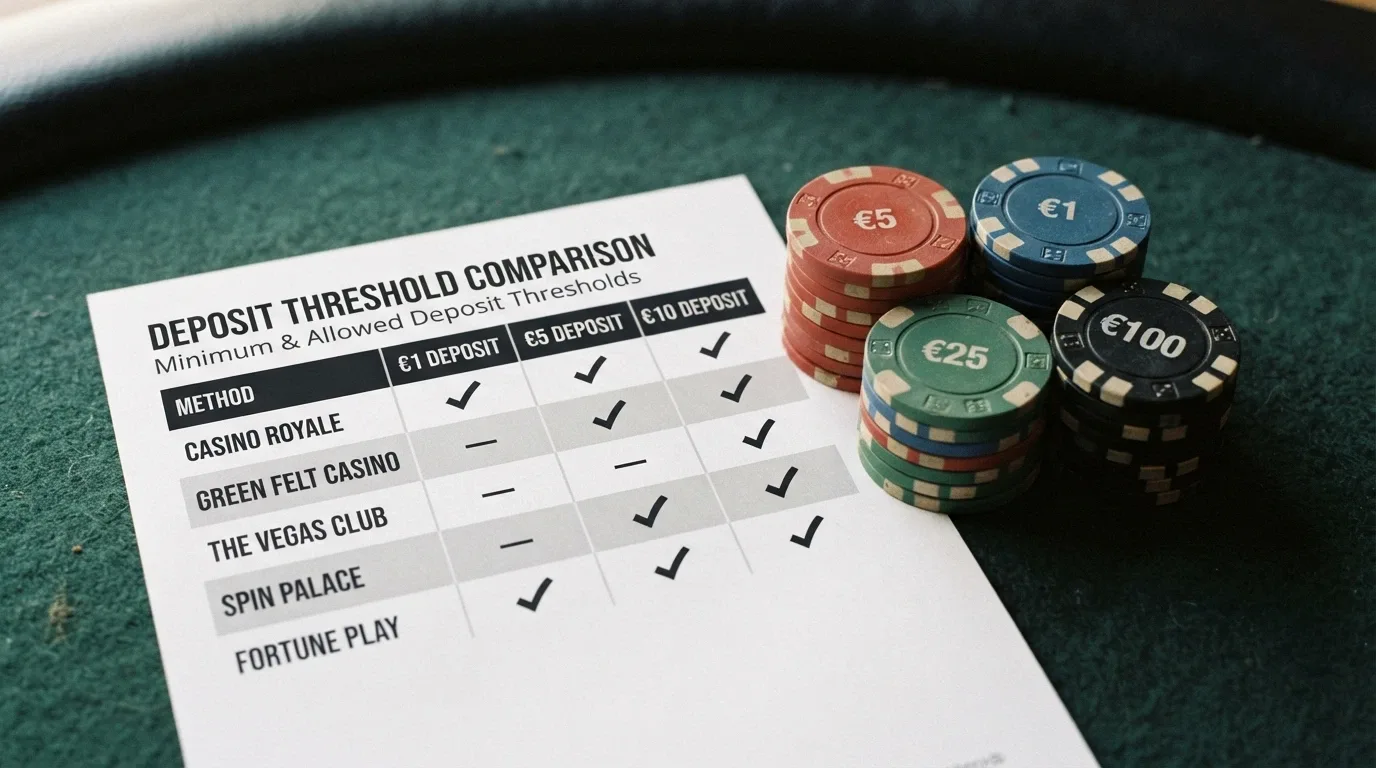 Varias fichas de casino apiladas junto a una tabla comparativa con logotipos de operadores y cifras de depósito mínimo