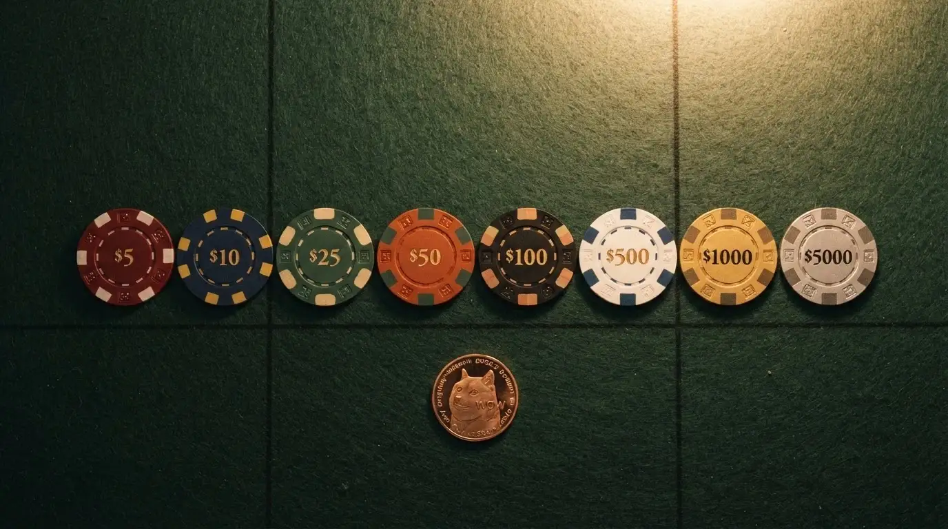 Una vista cenital de varias fichas de casino con los logos de diferentes licencias internacionales y el símbolo de dogecoin sobre la mesa