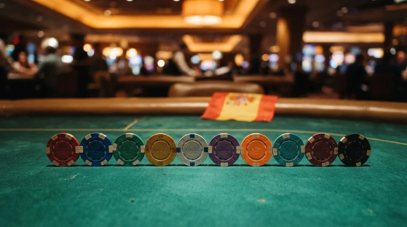 Diez fichas de casino alineadas en orden, cada una con el logo o inicial del operador, sobre un tapete verde con la bandera de España al fondo