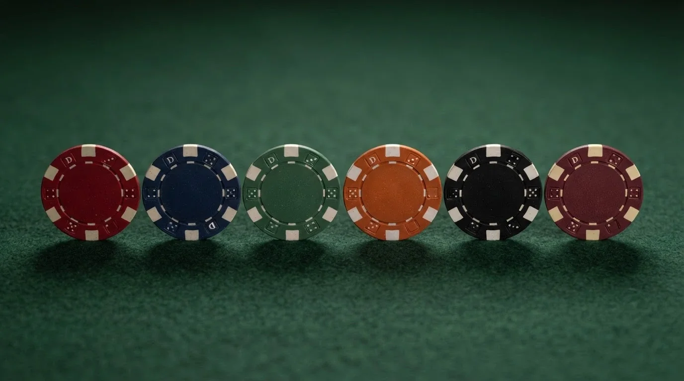 Varias fichas de casino alineadas sobre una mesa, cada una con el logo de un operador español diferente