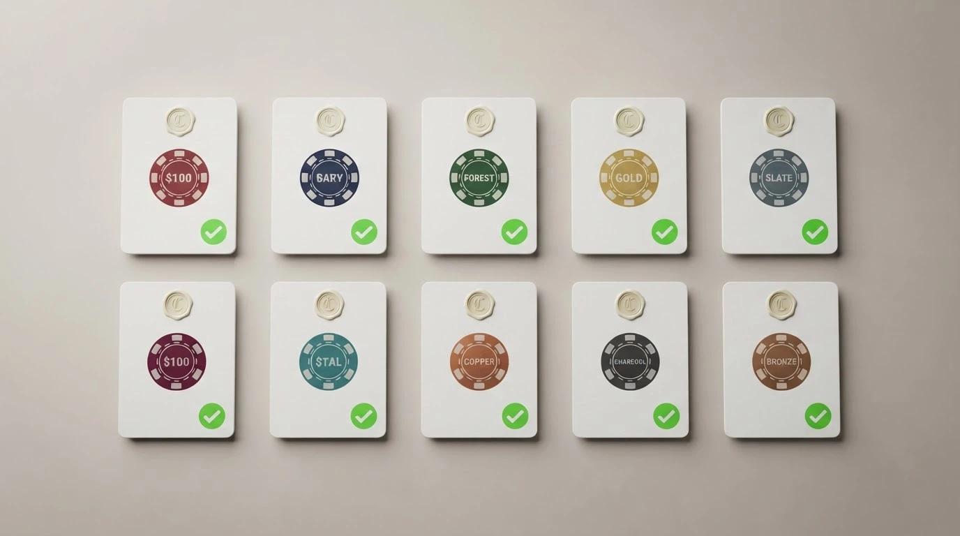 Una cuadrícula estilizada con diez tarjetas que muestran logotipos genéricos de casinos, cada una con una marca de verificación verde y el sello DGOJ
