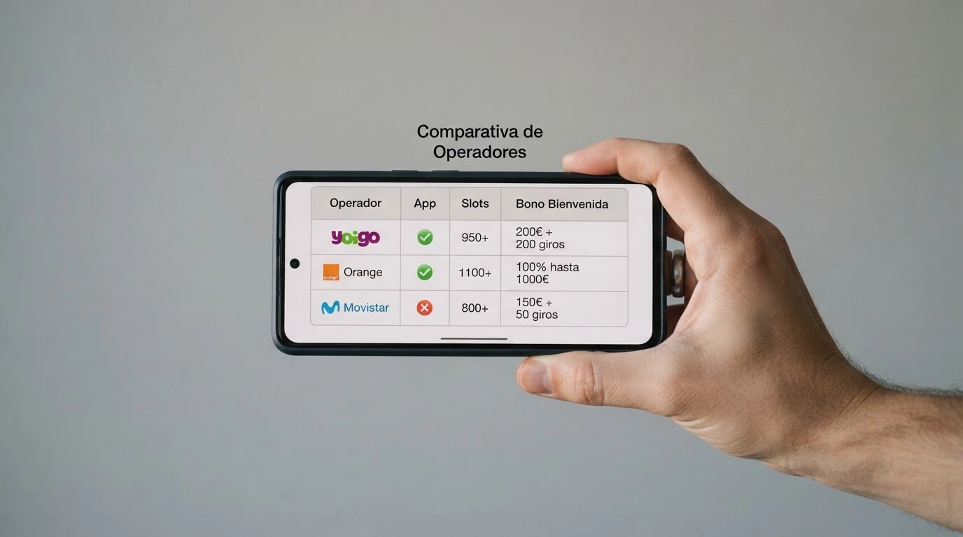 Una tabla simplificada en la pantalla de un móvil con columnas de operador, app, slots y bono, con las filas de los tres primeros operadores visibles