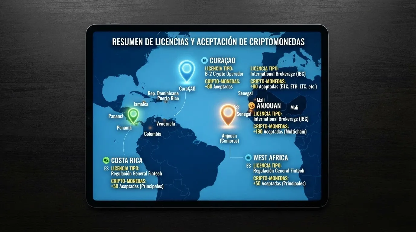 Una tabla comparativa simplificada con columnas de operador, licencia y criptomonedas aceptadas, sobre un mapa que señala Curaçao, Anjouan y Costa Rica