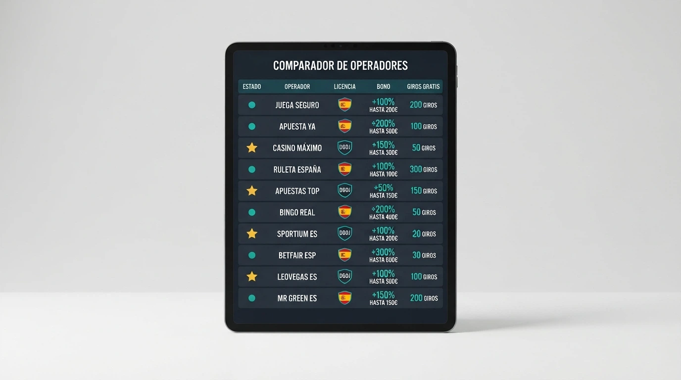 Tabla comparativa con los logotipos y datos clave de licencia, bono y tiradas gratis de los 10 casinos analizados