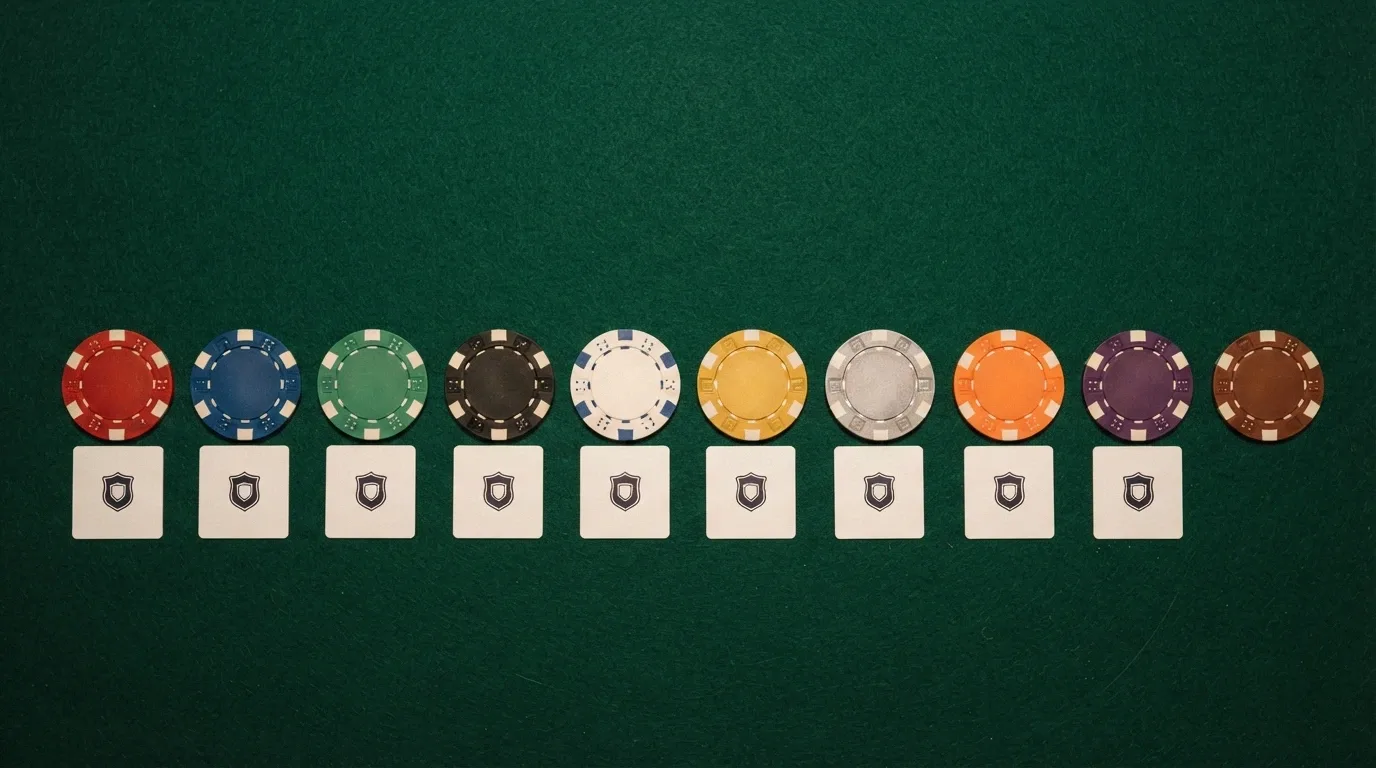 Una cuadrícula comparativa simplificada con fichas de casino y distintivos de licencia DGOJ, sin marcas legibles