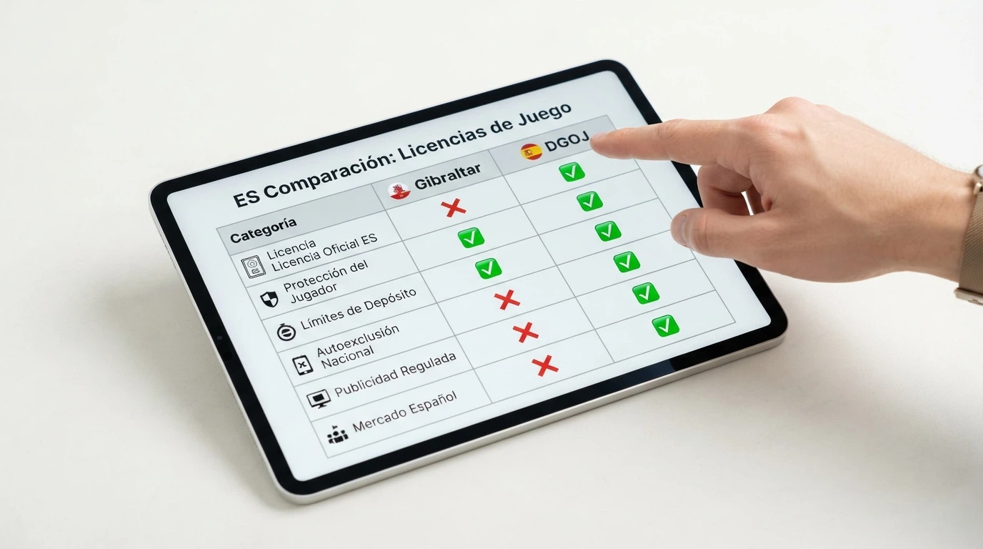 Tabla visual con columnas que contrastan operadores por licencia Gibraltar, licencia DGOJ y dominio .es, con marcas de verificación donde aplica