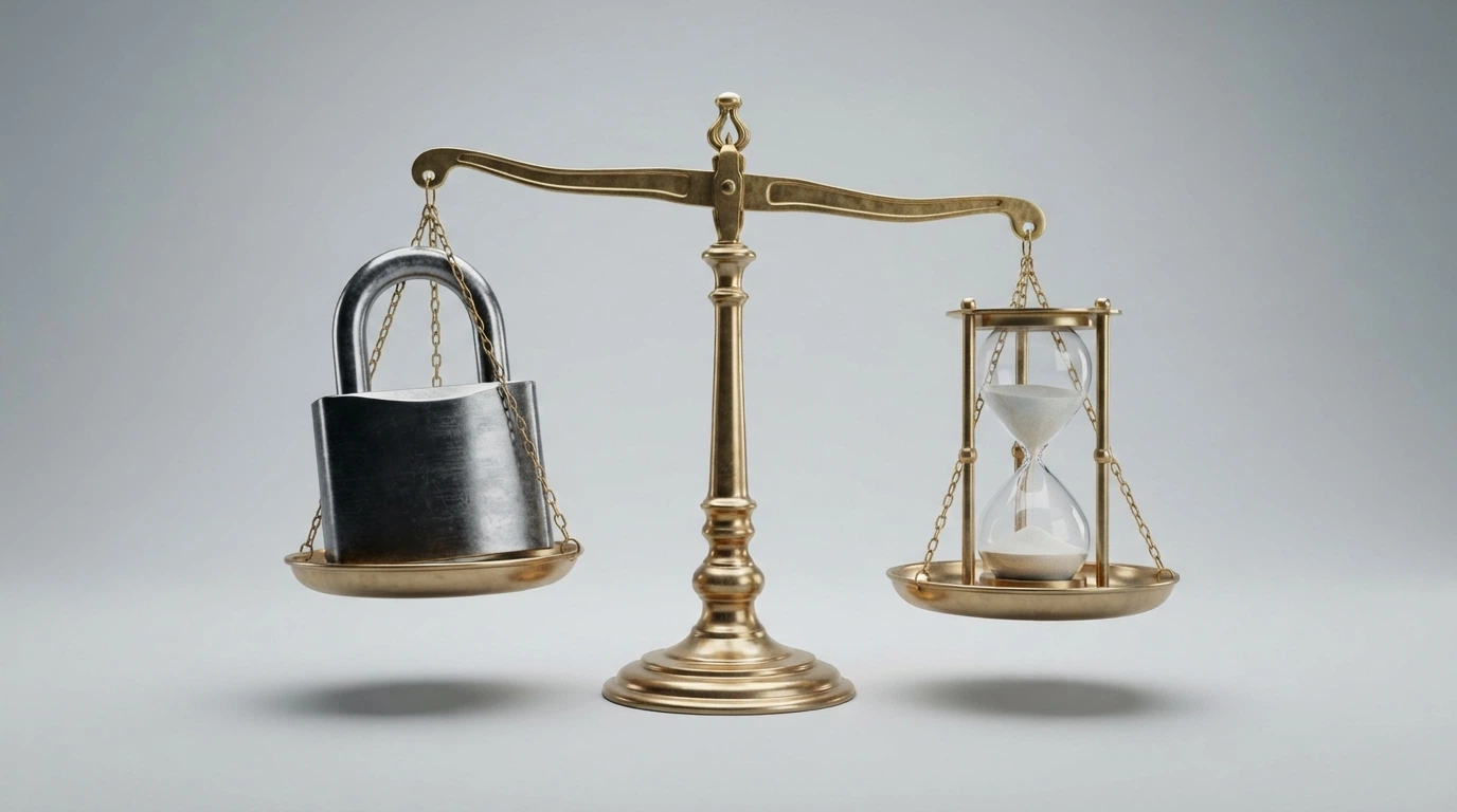 Una balanza con dos platillos: en uno, un candado cerrado que representa el RGIAJ estatal; en el otro, un reloj de arena que representa la exclusión temporal por operador
