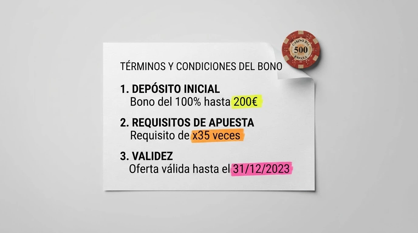 Una tabla con términos de bono resaltados con marcador: porcentaje de match, cifra de wagering y fecha de vencimiento