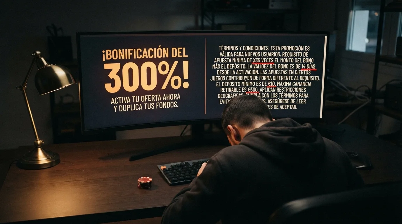 Un jugador ante una pantalla dividida: a la izquierda el titular del 300%, a la derecha los términos reales de rollover y plazo con subrayados en las cifras clave