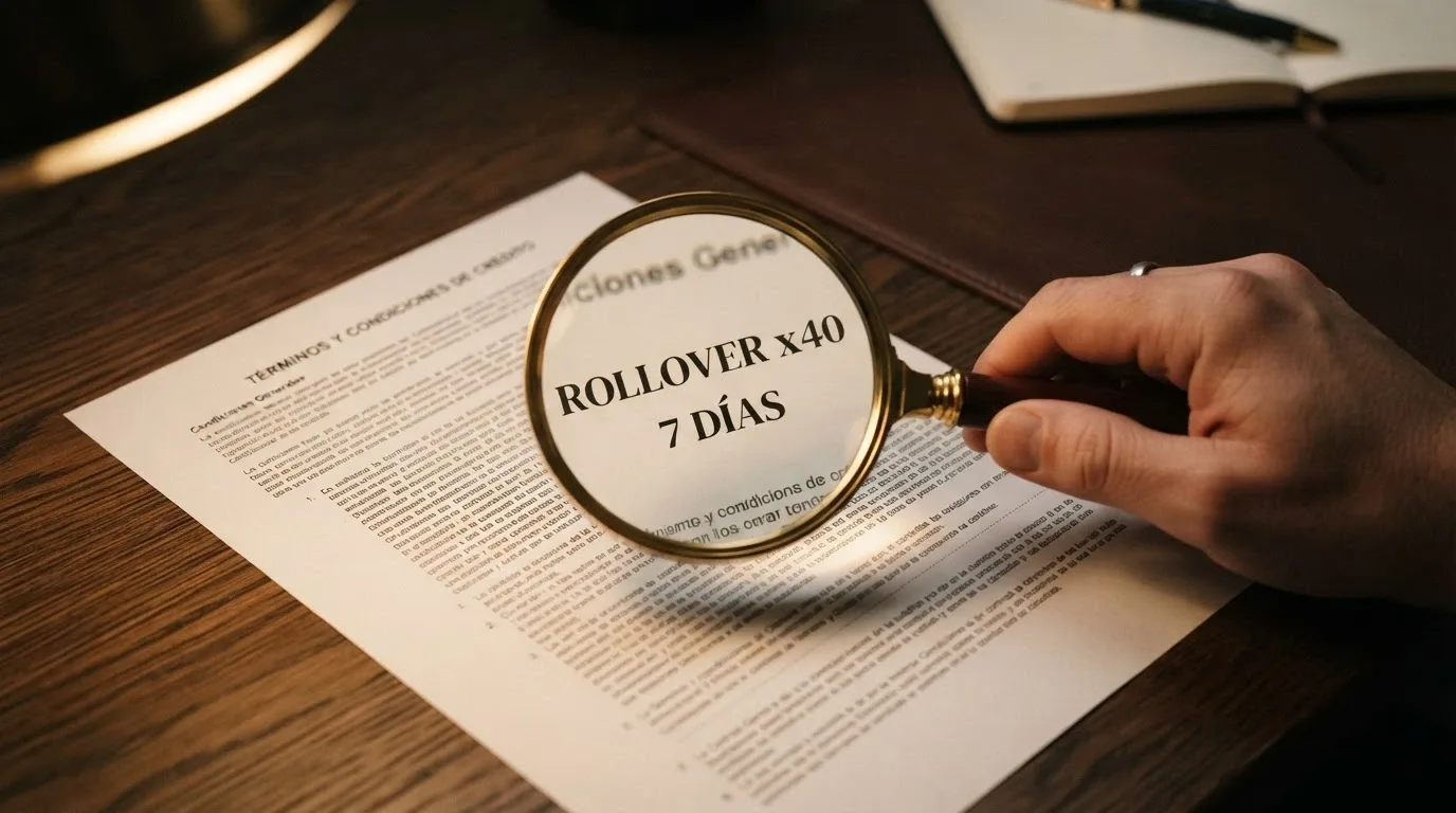 Una lupa sobre la letra pequeña de los términos de un bono de casino, con las cifras de rollover, plazo y ganancia máxima resaltadas