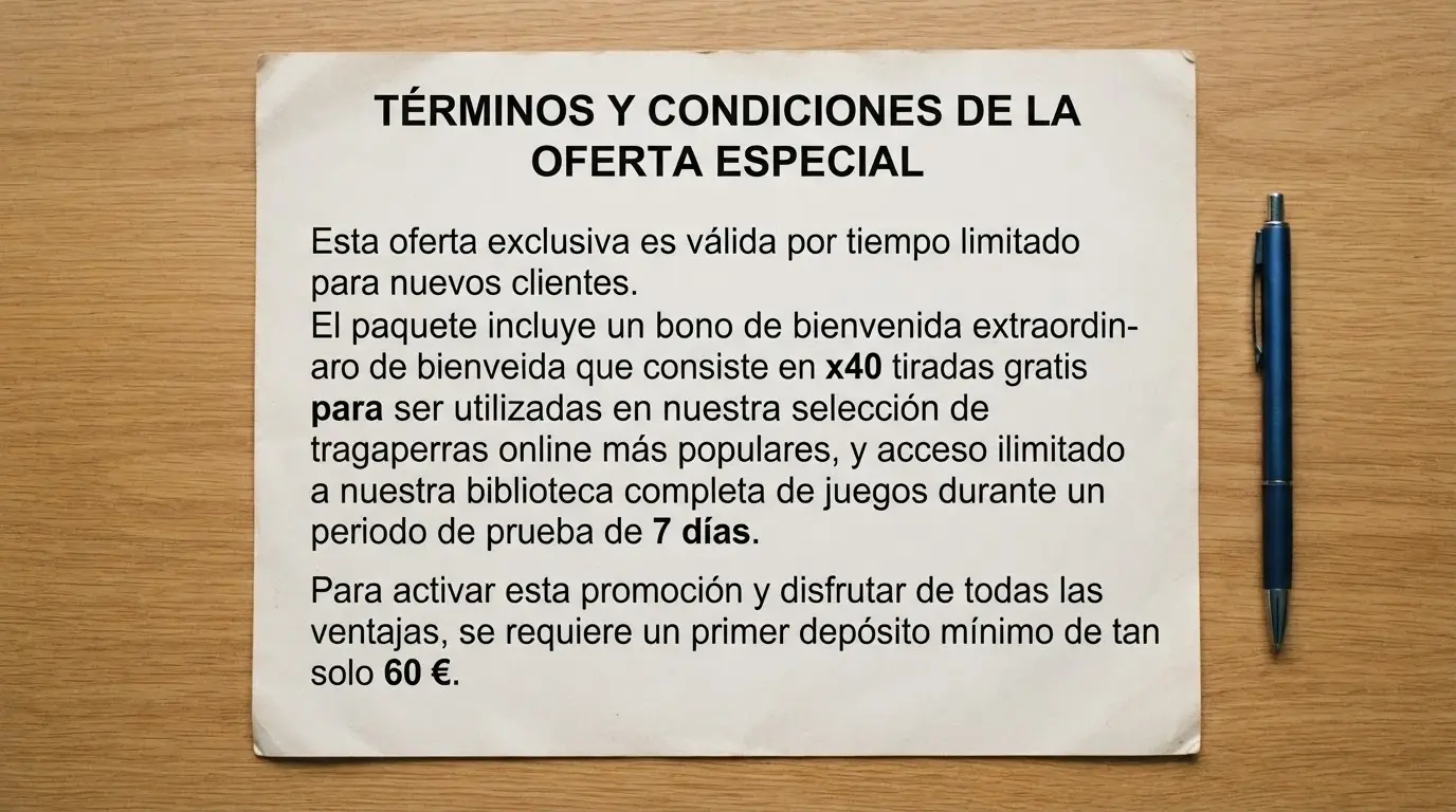 Primer plano de los términos y condiciones de un bono de casino donde se leen el requisito de apuesta, la vigencia y el límite de retirada