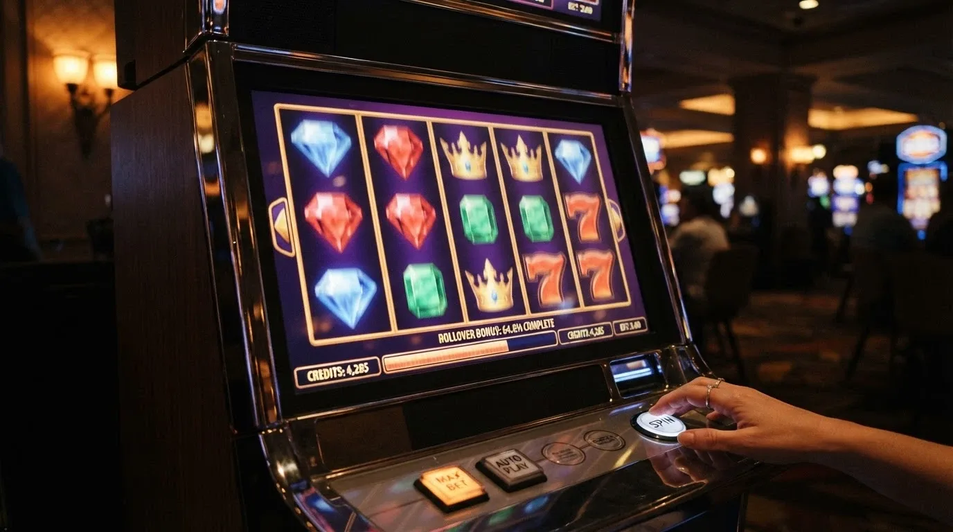 Pantalla de un juego de slot con el saldo de bono visible en la esquina, mostrando el progreso del rollover