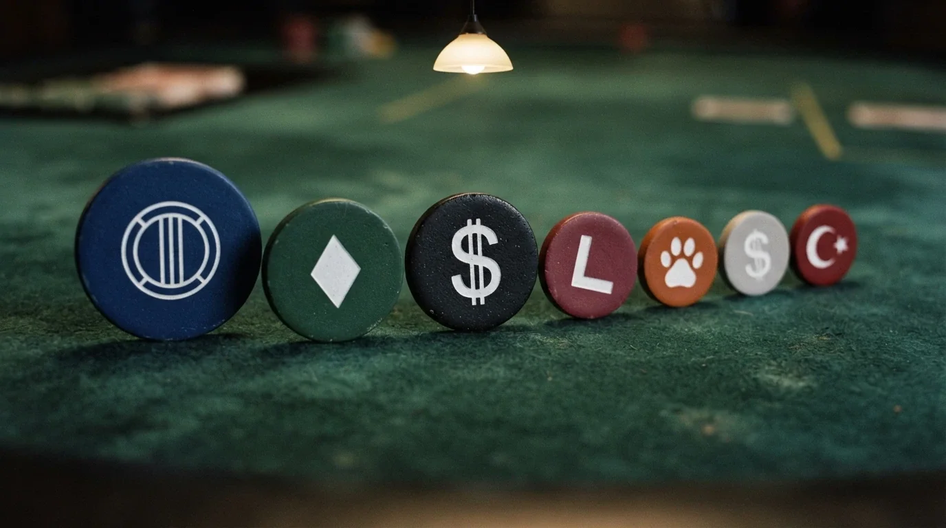 Siete monedas físicas con los logotipos de Bitcoin, Ethereum, USDT, Litecoin, Dogecoin, Solana y Monero alineadas sobre una mesa de casino verde, ordenadas por velocidad de transacción