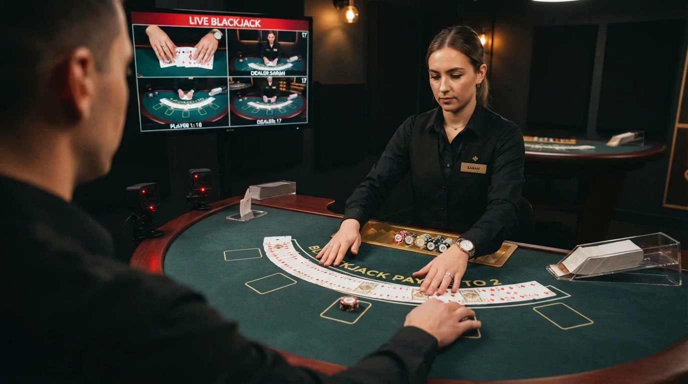 Crupier real de Evolution repartiendo cartas en una mesa de blackjack en vivo con ángulo multicámara