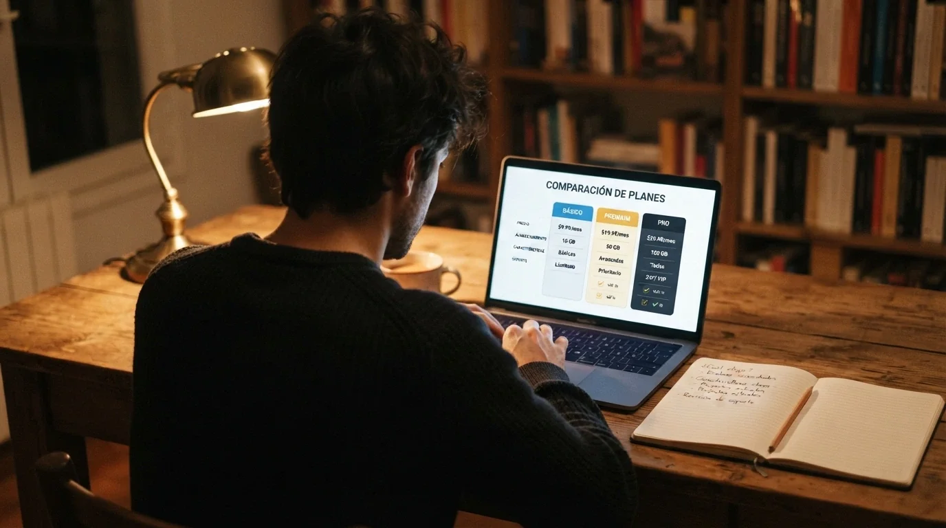 Jugador consultando la comparativa de bonos sin depósito en una pantalla, con una libreta al lado donde anota las tres decisiones clave