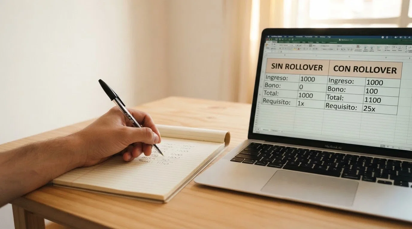 Un primer plano de unas manos sosteniendo una calculadora junto a una pantalla con dos columnas: «bono sin rollover» y «bono con rollover», con cifras comparativas visibles.