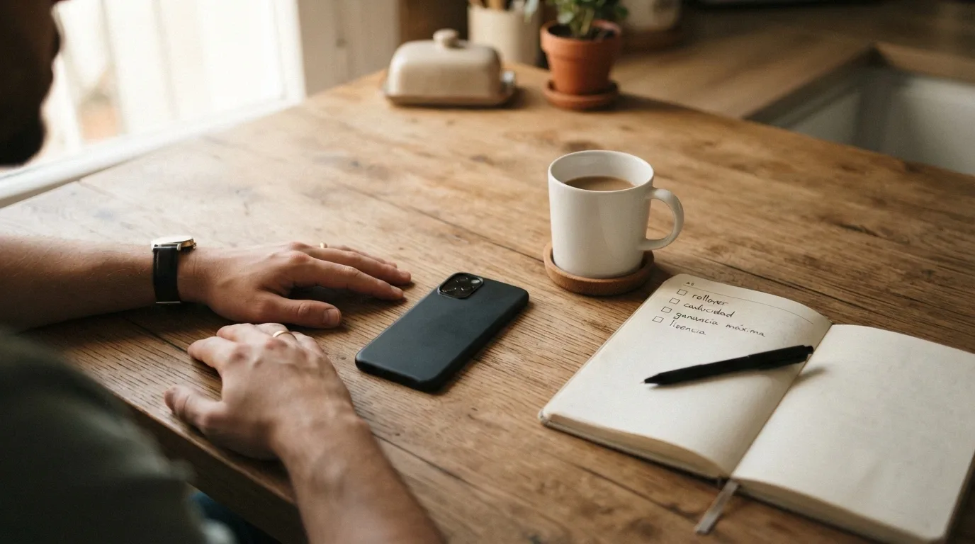 Un primer plano de unas manos sobre la mesa con un móvil apagado boca abajo, una taza de café y una libreta con una lista de verificación: «rollover», «caducidad», «ganancia máxima», «licencia»