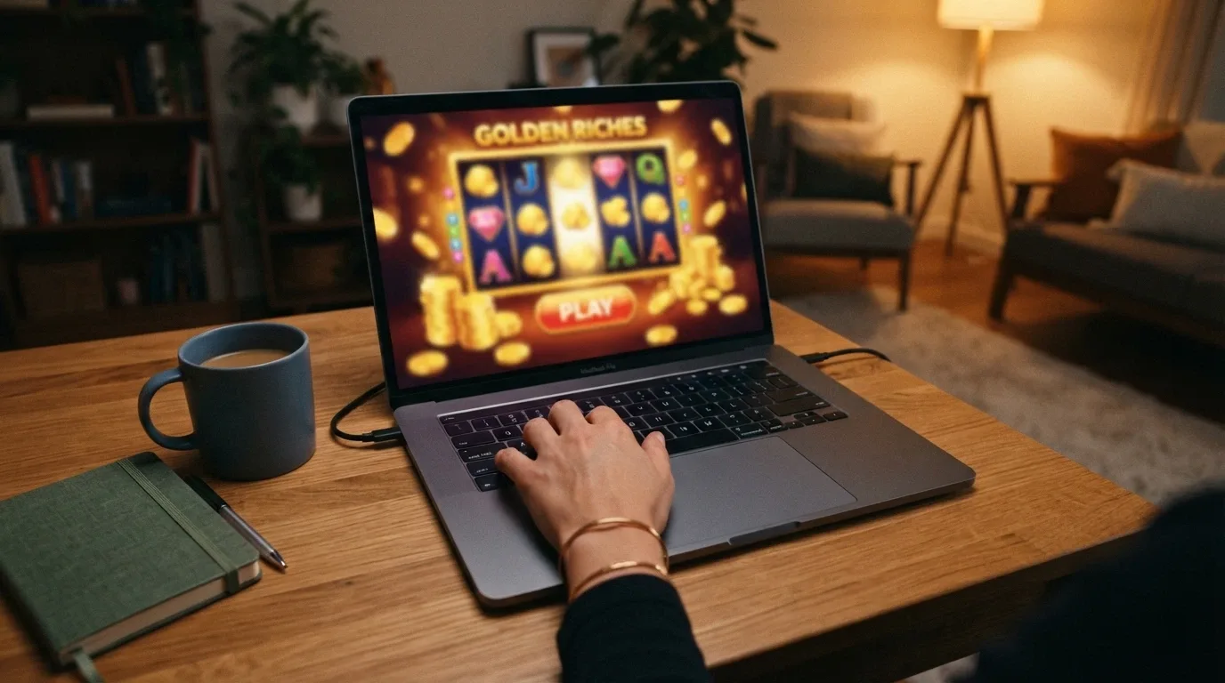 Primer plano de unas manos sobre el teclado de un ordenador portátil con la pantalla de un casino online visible al fondo, en un entorno doméstico