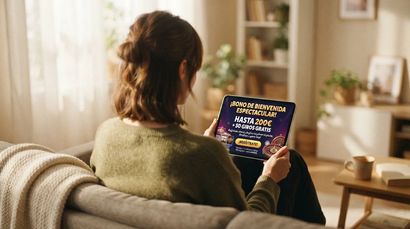 Jugador consultando los términos de una promoción en una tablet, en un salón luminoso, con expresión de estar tomando una decisión meditada