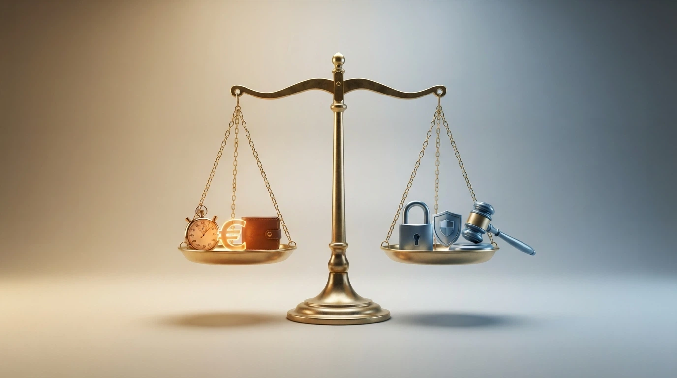 Balanza conceptual con las ventajas del LTC (velocidad, comisiones bajas, sin bancos) en un plato y los riesgos (sin DGOJ, sin RGIAJ, sin recurso) en el otro.
