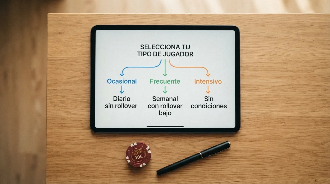 Árbol de decisión simplificado con tres perfiles de jugador (ocasional, frecuente, intensivo) y el tipo de reembolso más adecuado para cada uno