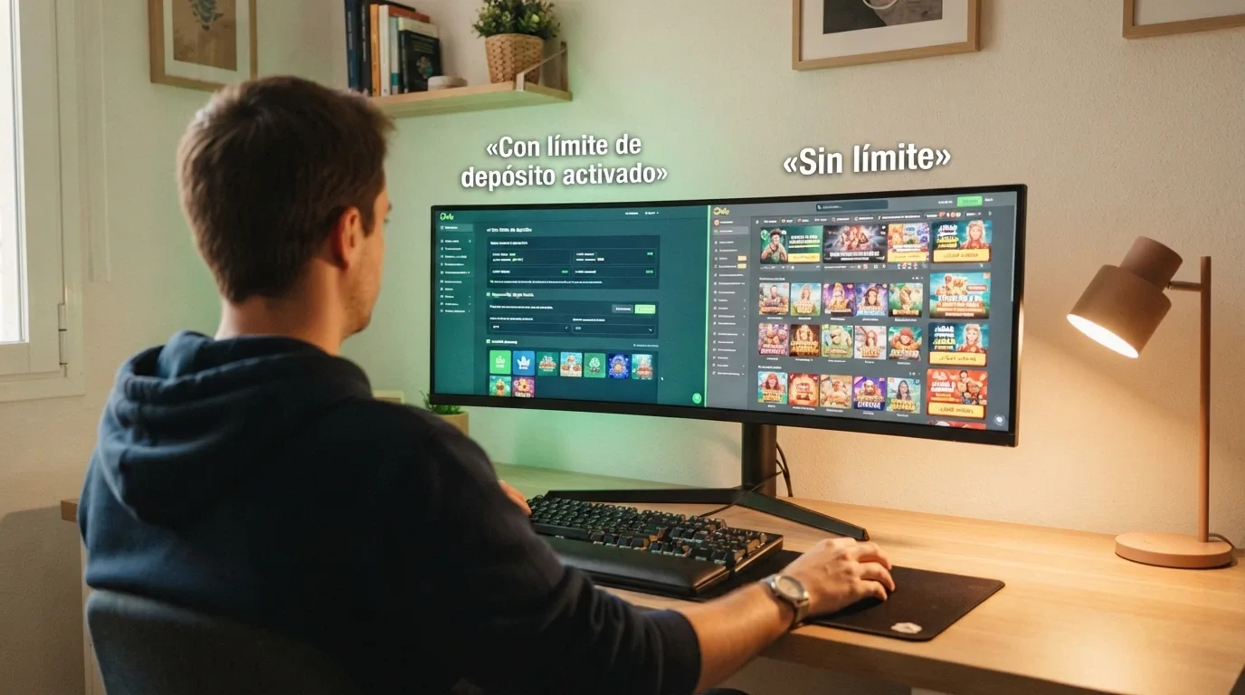Un jugador frente a la pantalla del ordenador con dos caminos visuales: uno marcado «con límite de depósito activado» y otro «sin límite», destacando el primero en color verde