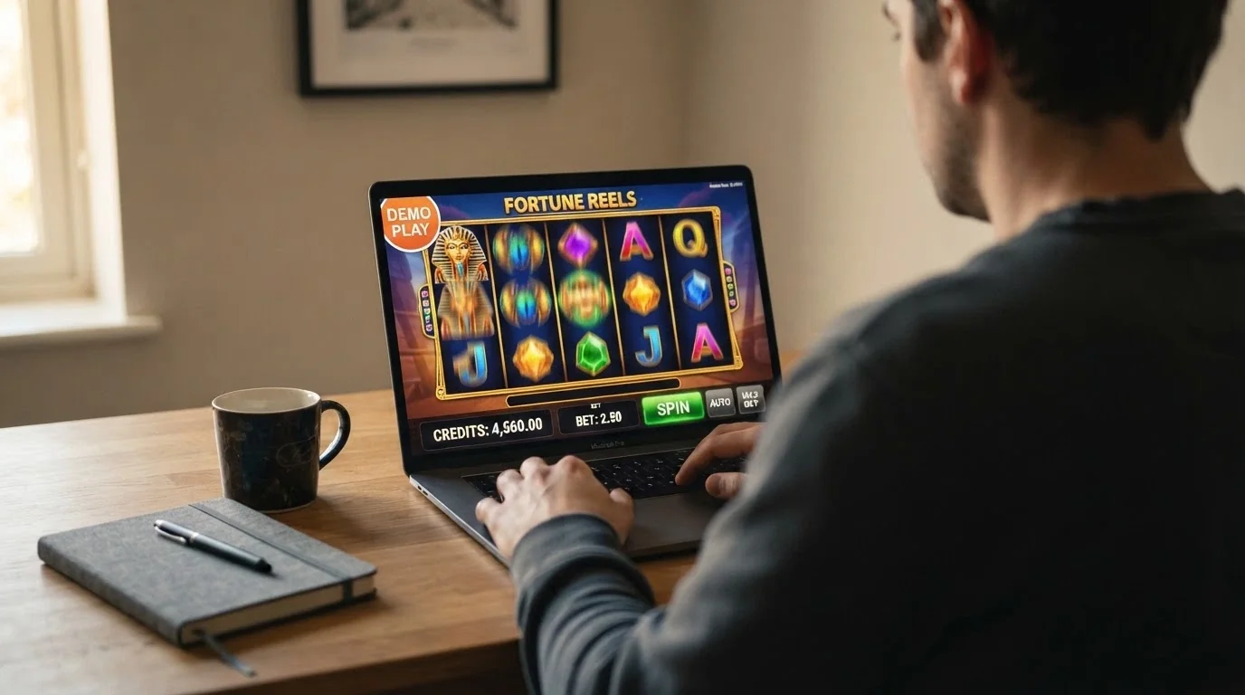 Interfaz de un casino online español con un slot Fire Blaze en modo demo y el contador de saldo ficticio visible