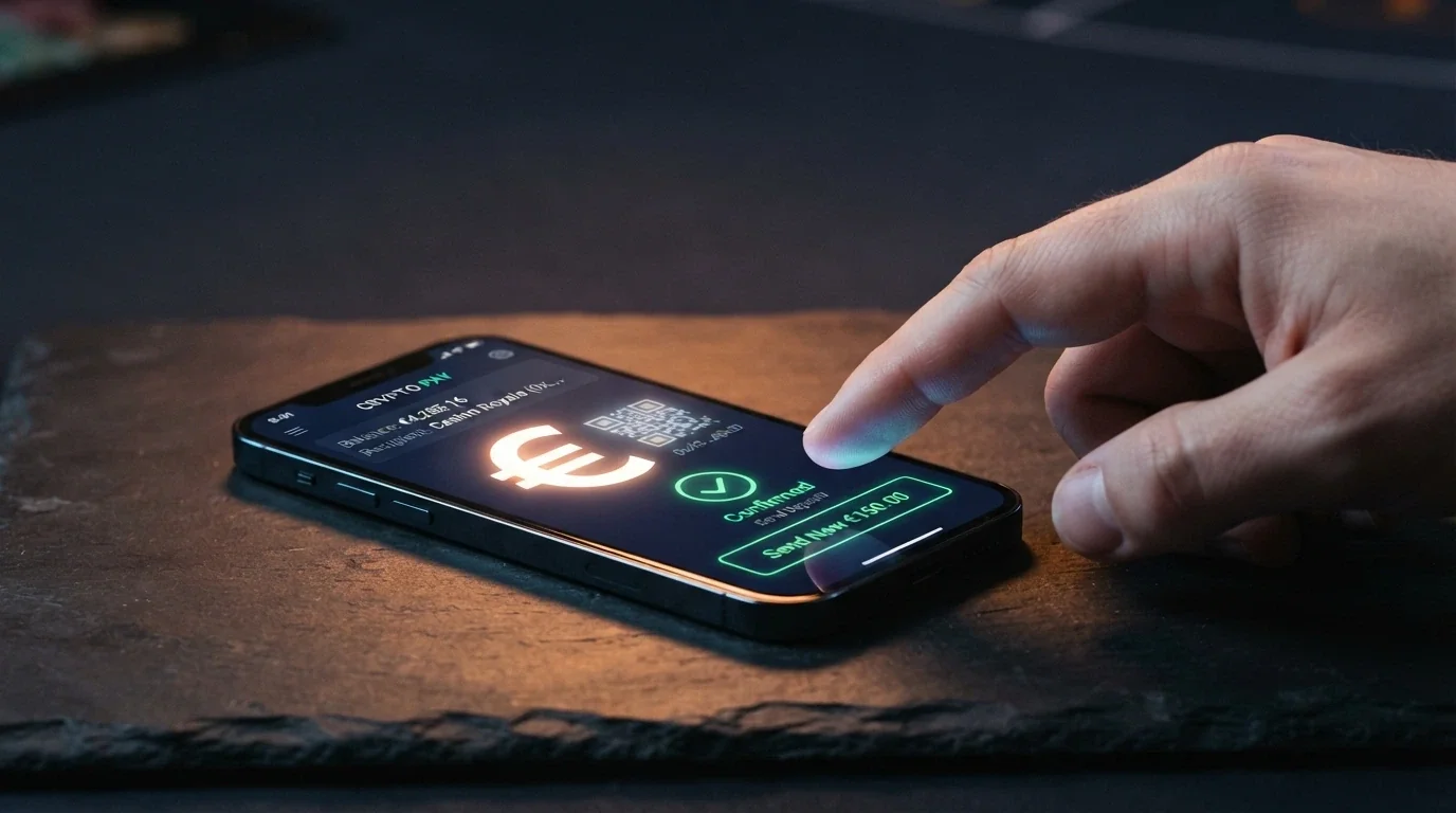 Un teléfono móvil mostrando una wallet de criptomonedas con una transacción de BCH hacia un casino online