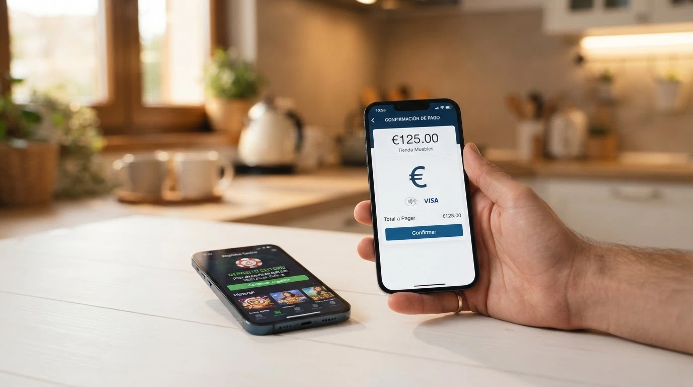 Una mano sosteniendo un teléfono con la pantalla de Bizum abierta junto a la interfaz de depósito de un casino móvil